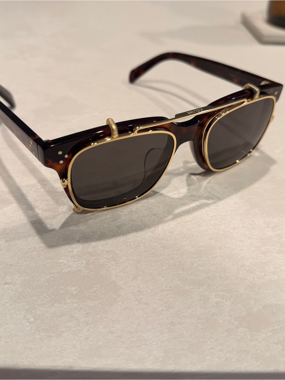 New Celine Tortoise and Gold Clip on Sunglasses